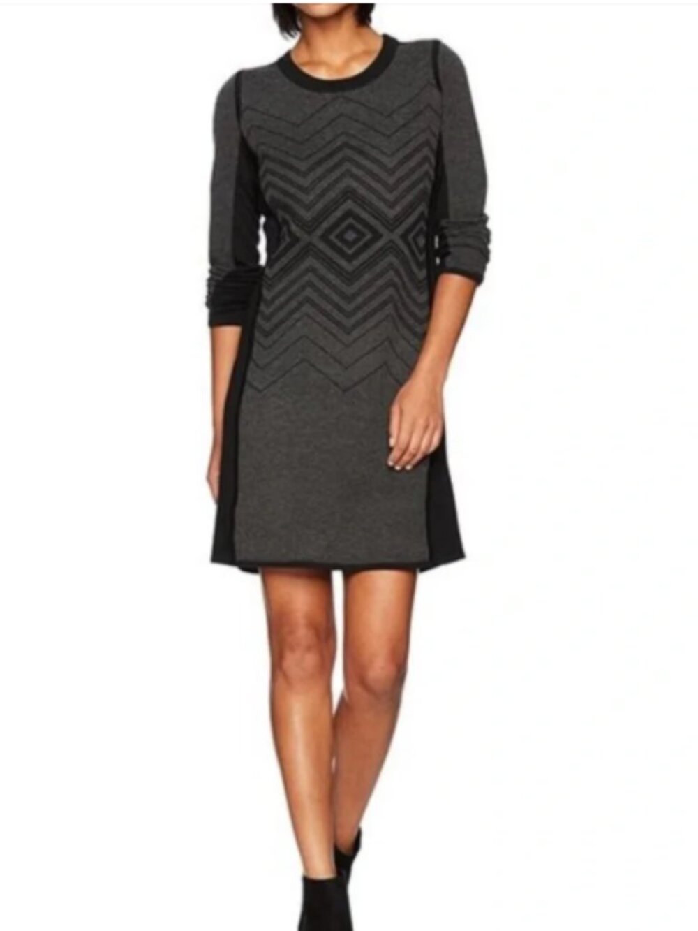 Prana Delia Charcoal Gray Wool Blend Geometric Pattern Knit Sweater Dress L